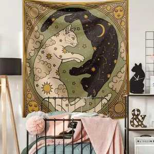 Tapestry  1pc Retro Sun, Moon, Lucky Cat, Constellation, Letter Printed Bohemian Style Tapestry, Wall Decor, Polyester Hanging Wall Tapestry For Living Room, Bedroom, Office, College Dorm, Home Decor, Kitchen Wall Decor With A Draping Effec