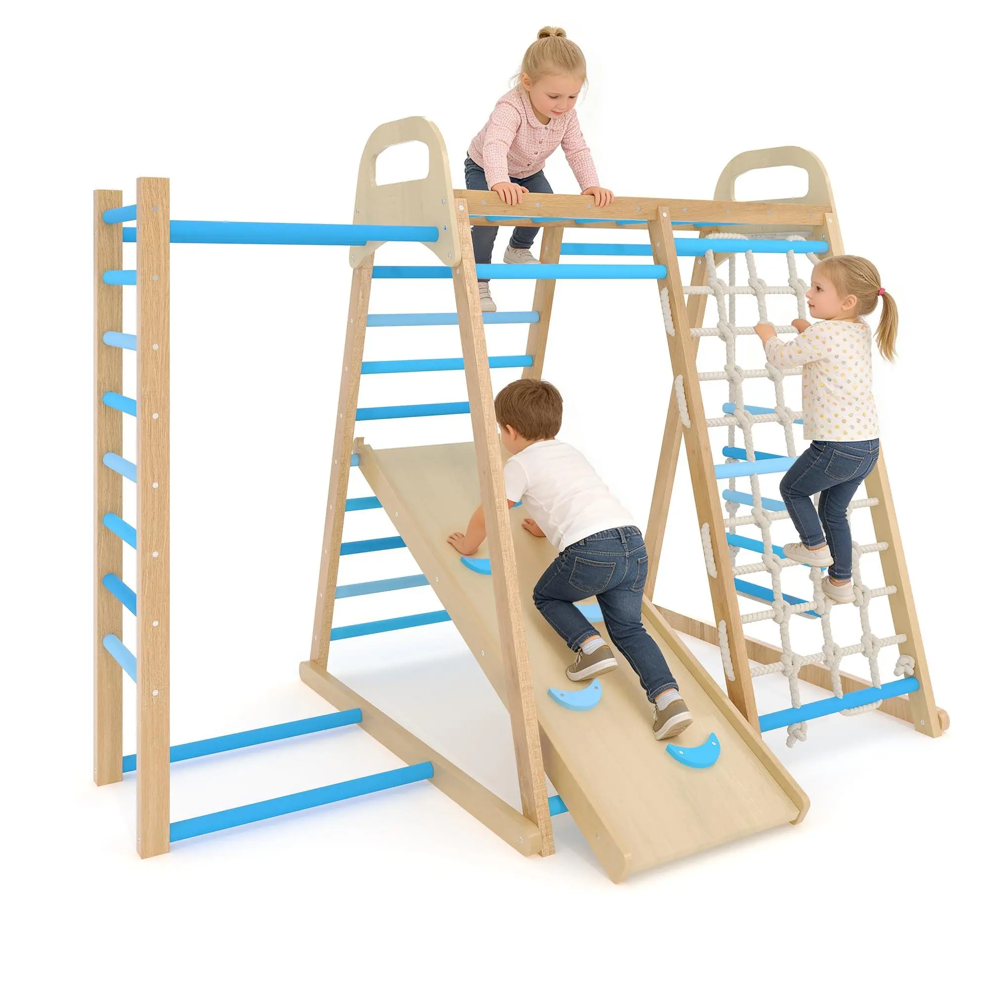 Gaomon 7-in-1 Solid Wood Jungle Gym - 7-in-1 Adventure Playset with Monkey Bars, Reversible Ramp, Waterproof Panels, Sturdy Base, Triangular Frame, 485lbs Capacity, Learning & Sensory Balance Training for Toddlers