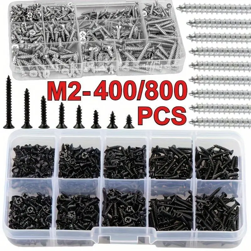 Self-tapping wood screw set, M2 cross disc head steel plate screw, self-tapping screw mixing kit, including eight M2 size screws, Deck Screws, Metal Wood Screws