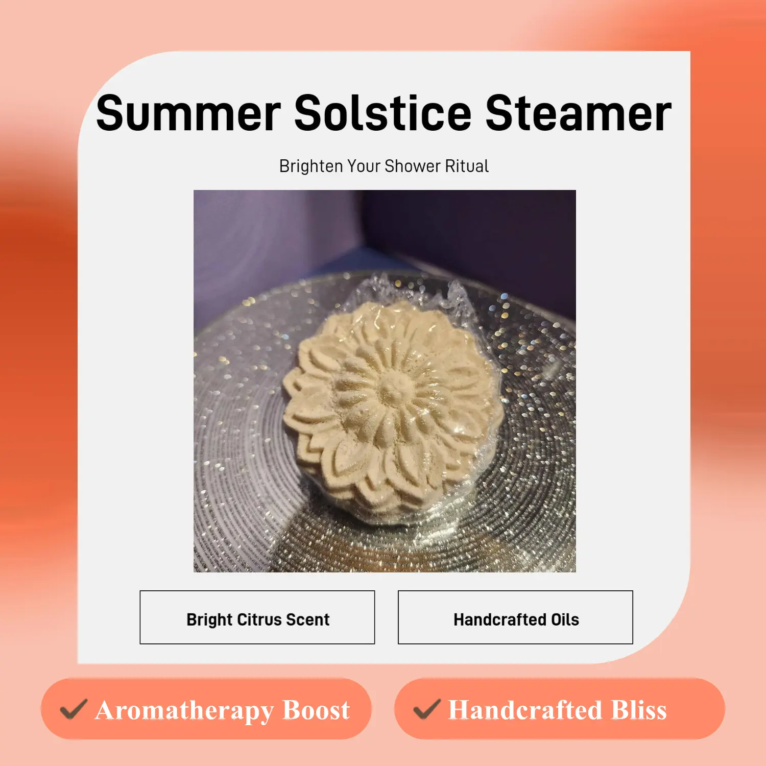 Summer Solstice Handmade Shower Steamer - Natural Relaxing Scent with Orange Essential Oil, Juicy Citrus Lemon Strawberry Aromatherapy Bath Additive Gift