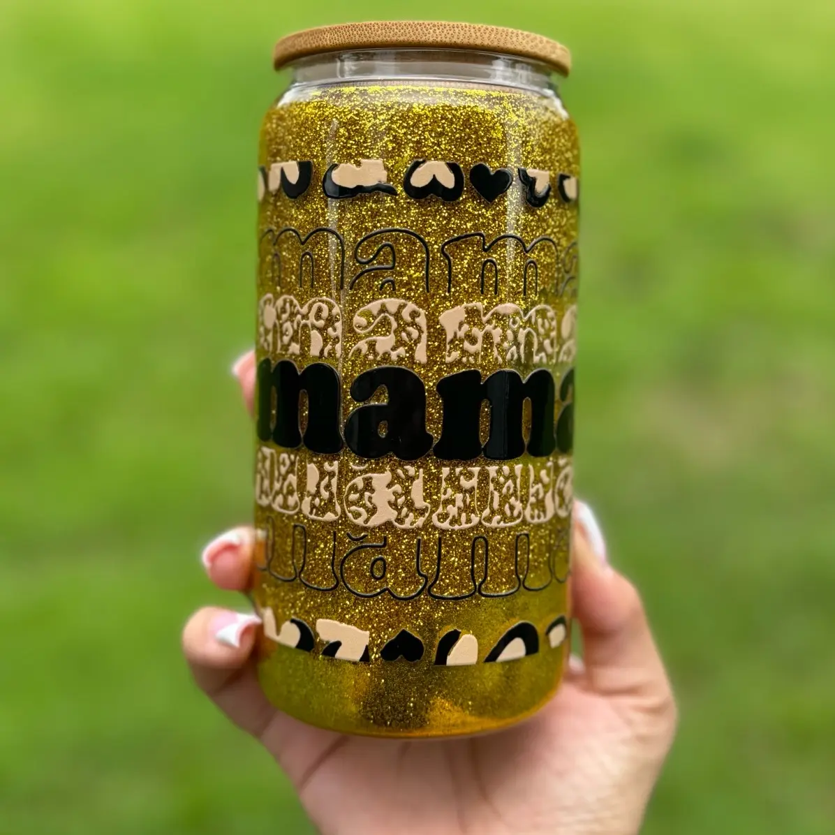 MAMA Cheetah Custom Glitter Cup - 16 Oz Custom Glass Cup (Straw Included) - Drinkware, Bottle