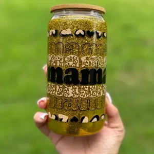 MAMA Cheetah Custom Glitter Cup - 16 Oz Custom Glass Cup (Straw Included) - Drinkware, Bottle