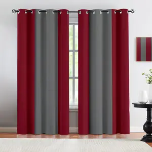 2-piece set of red and gray spliced curtains, semi transparent polyester material curtains, suitable for bedrooms, living rooms, dining rooms, kitchens, all season curtains, Home Decoration Curtain