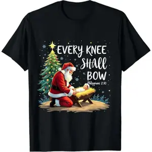 Family [Christmas Santa Jesus Tee] Every Knee Shall Bow Jesus Christian Santa Xmas Christmas T-Shirt Thanksgiving Day Christmas gifts Plus Size 4XL 5XL Happy Matching Shirts Black Coquette