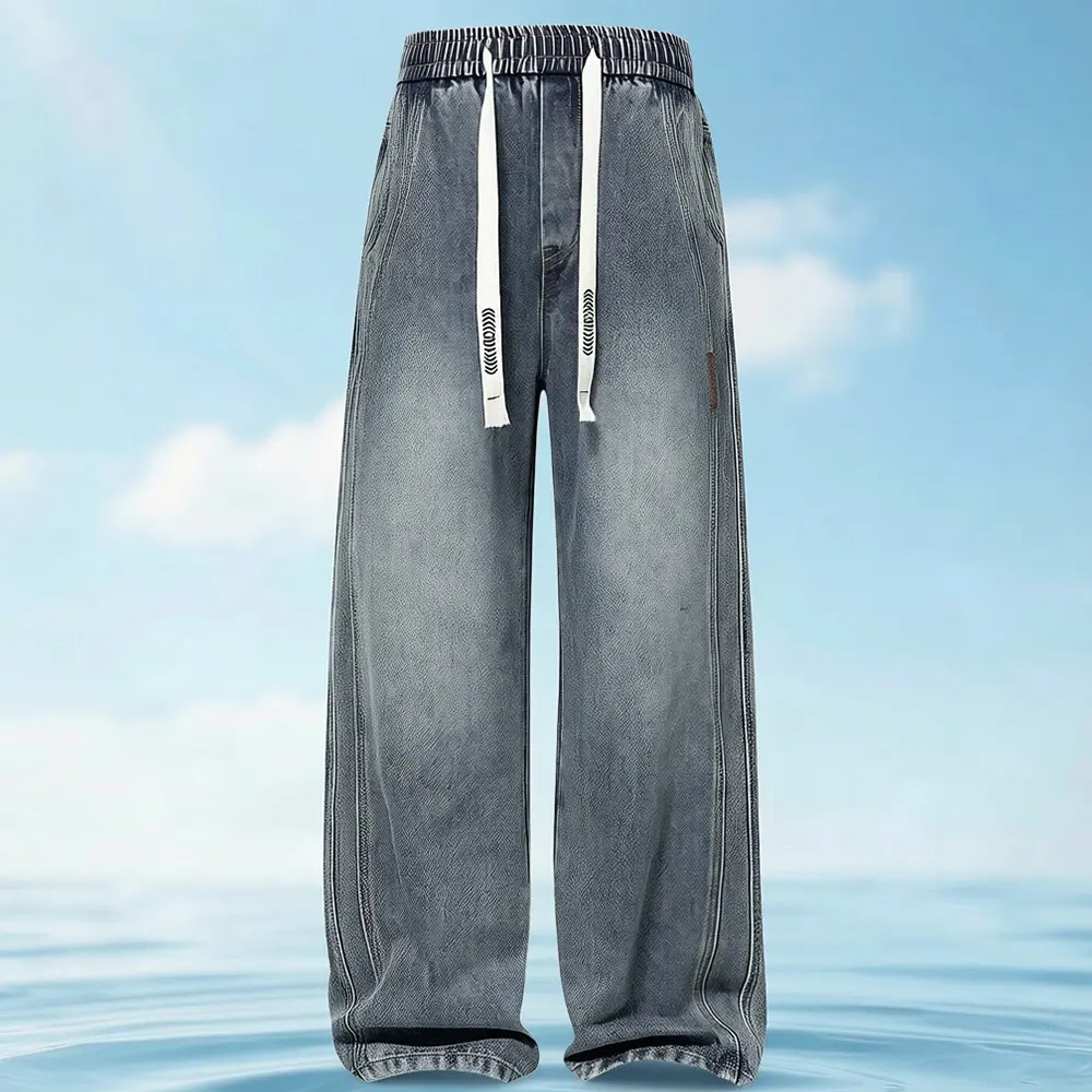 Men’s summer Lyocell blend denim jeans, cool feel, lightweight, washed distressed finish, elastic waistband with drawstring, casual mid-rise wide-leg long pants