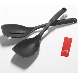 2 Pack Large Silicone Cooking Spoon Non-Stick Slotted and Solid Spoon Set Heat Resistant Kitchen Utensils for Mixing Serving Draining Scooping Black