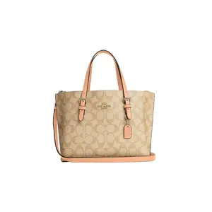 COACH Mollie Classic Monogram Tote Bag with Zipper Closure and Leather Trim for Women in Silver and Light Khaki