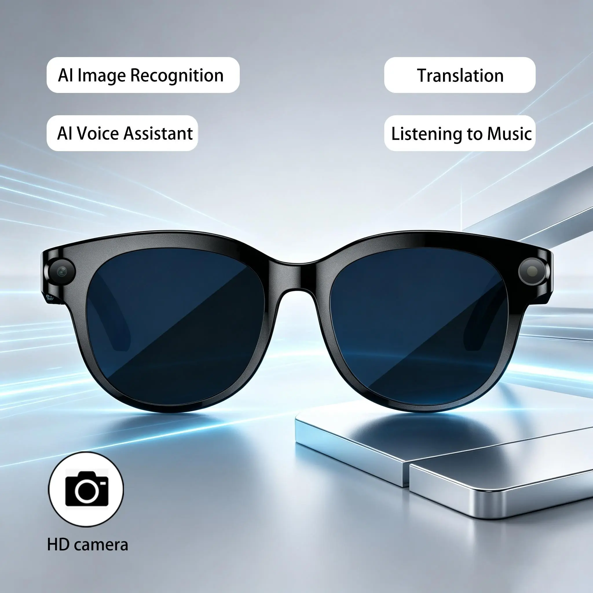 Smart Glasses with Ai Assistant, HD Recording, Bluetooth-compatible Music Calling, Dual Mic Noise Reduction, LED Flashlight, 8mp Camera