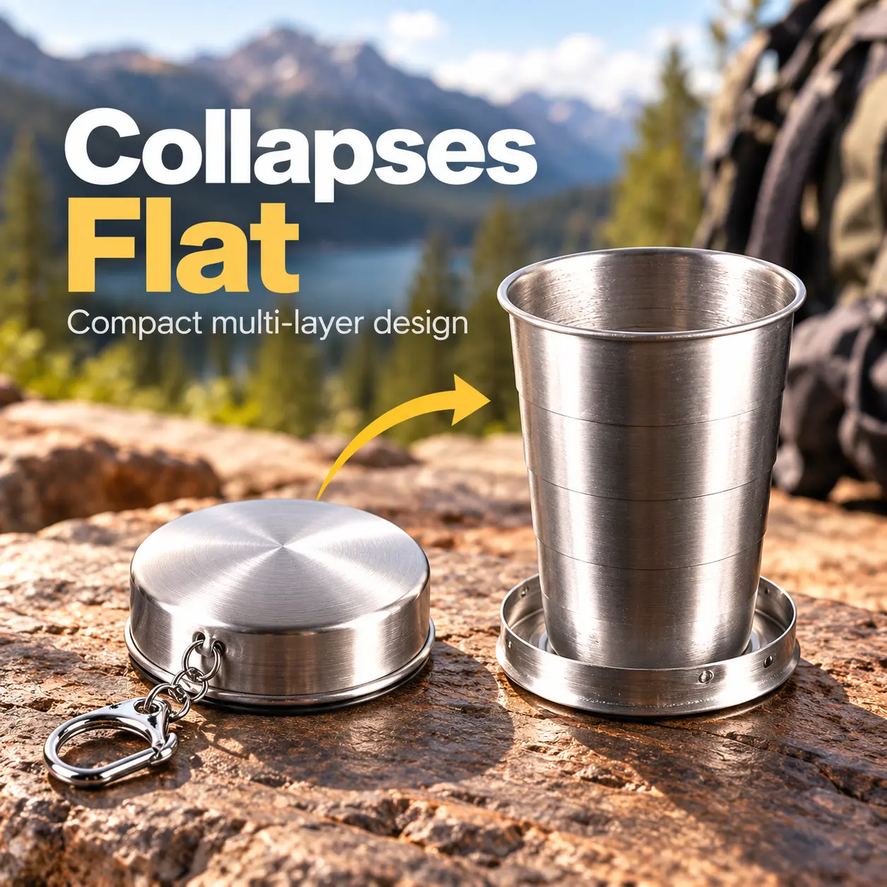Collapsible Stainless Steel Travel Cup with Keychain - Portable Folding Reusable Cup for Camping, 250ml Capacity Option (Also Available in 70ml/150ml)
