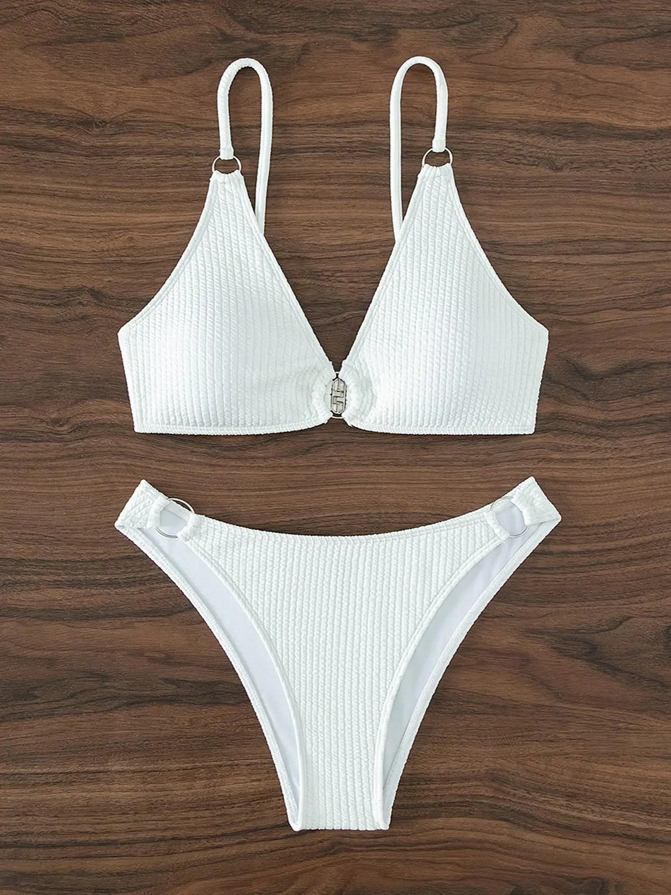 Two-piece Set Women's Plain Textured O-ring Bikini Set, Textured ...