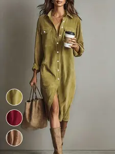 Women's Fashion Casual Wear Double Chest Pocket Button-Up Collared Corduroy Long Sleeve Midi Dress, Knee Length Stylish for Spring and Fall