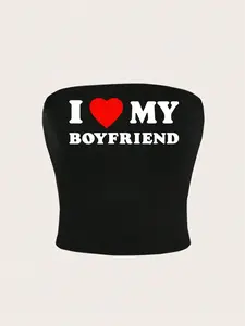 Viral I Heart My Boyfriend Y2K Graphic Tube Top | Cute Coquette Aesthetic Strapless Crop Top, Elastic Stretchy Knit Fabric, Perfect for Date Night, Girls’ Hangouts & Casual Daily Wear, Trendy TikTok-Famous Couples’ Statement Top