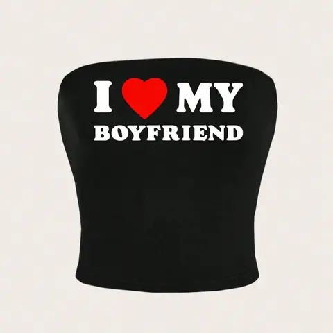 Viral I Heart My Boyfriend Y2K Graphic Cropped Tube Top, Womenswear, Cute Strapless Knitted Crop Top, Fit, Elastic Stretchy Knit Fabric, Perfect for Date Night, Girls’ Hangouts & Casual Daily Wear, TikTok-Famous Couples’ Statement Top