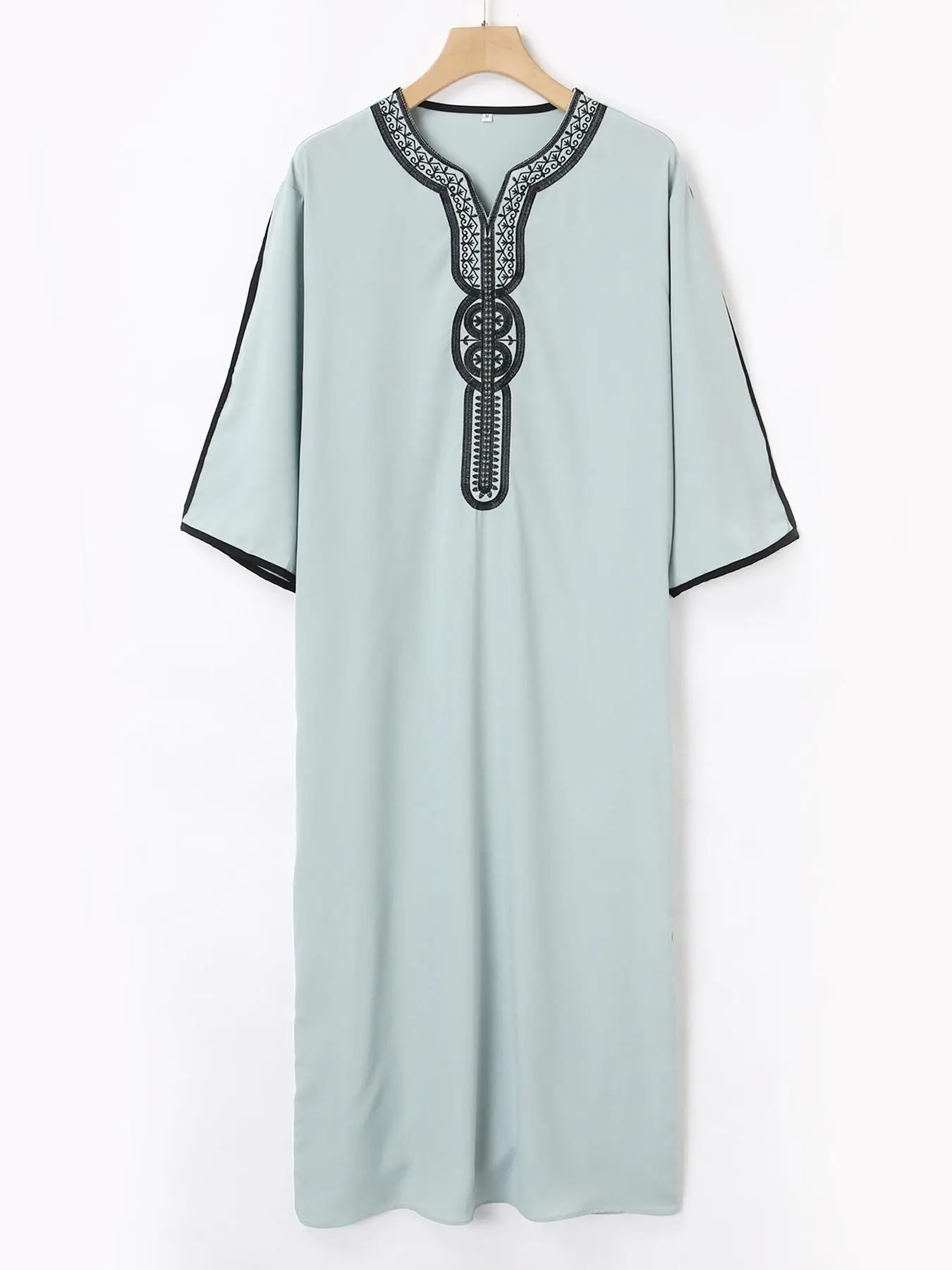 Arabic Clothing-Men's Loose Contrast Binding Notched Neck Embroidery Kaftan, Casual Soft Comfy Half Sleeve Long Abaya for Daily Wear, Fashion Men's Is