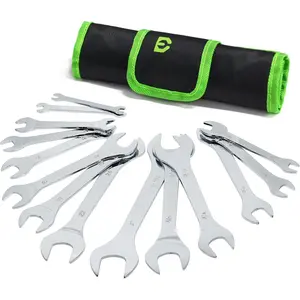 Super-Thin Open End Wrench Set, 14- SAE & Metric Sizes, 6mm to 24mm, 3/8" to 1-1/16", Ultra-Slim Wrench Set with Mechanic Rolling Pouch