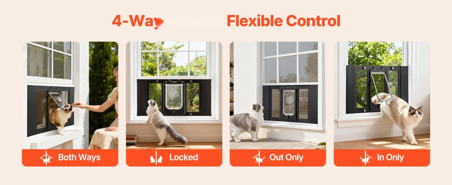 Cat Door For Window, Adjustable To Fit Window Width From 27 To 32 Inches, Four Secure Lock Modes, Aluminum Frame And High-Transparency Glass Panel, Magnetic Closure, Weatherproof Quick-Fit Pet Door For Cats, Black
