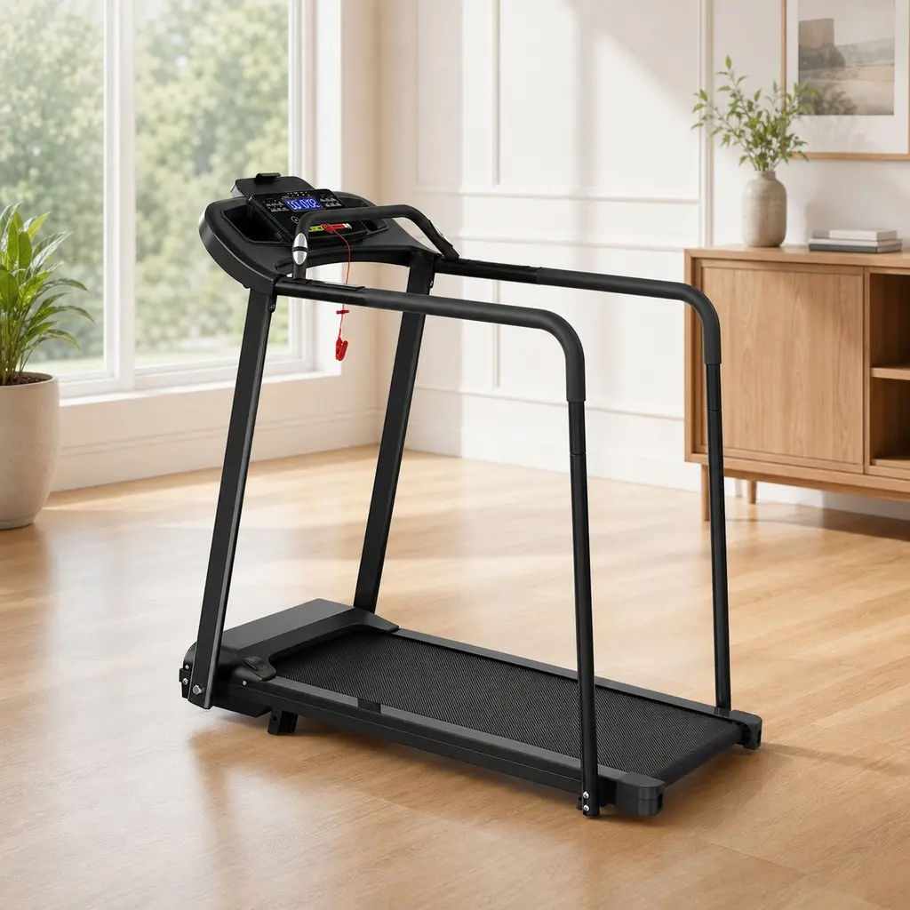 Walking Pad Treadmill for Seniors, Foldable Electric Treadmill with Long Handrails, 2.5HP Quiet Motor, 0.5-6 MPH, 300 Lbs Capacity, LED Display with Heart Rate, Shock Absorption, for Home Apartment Indoor Walking Exercise, Black Steel