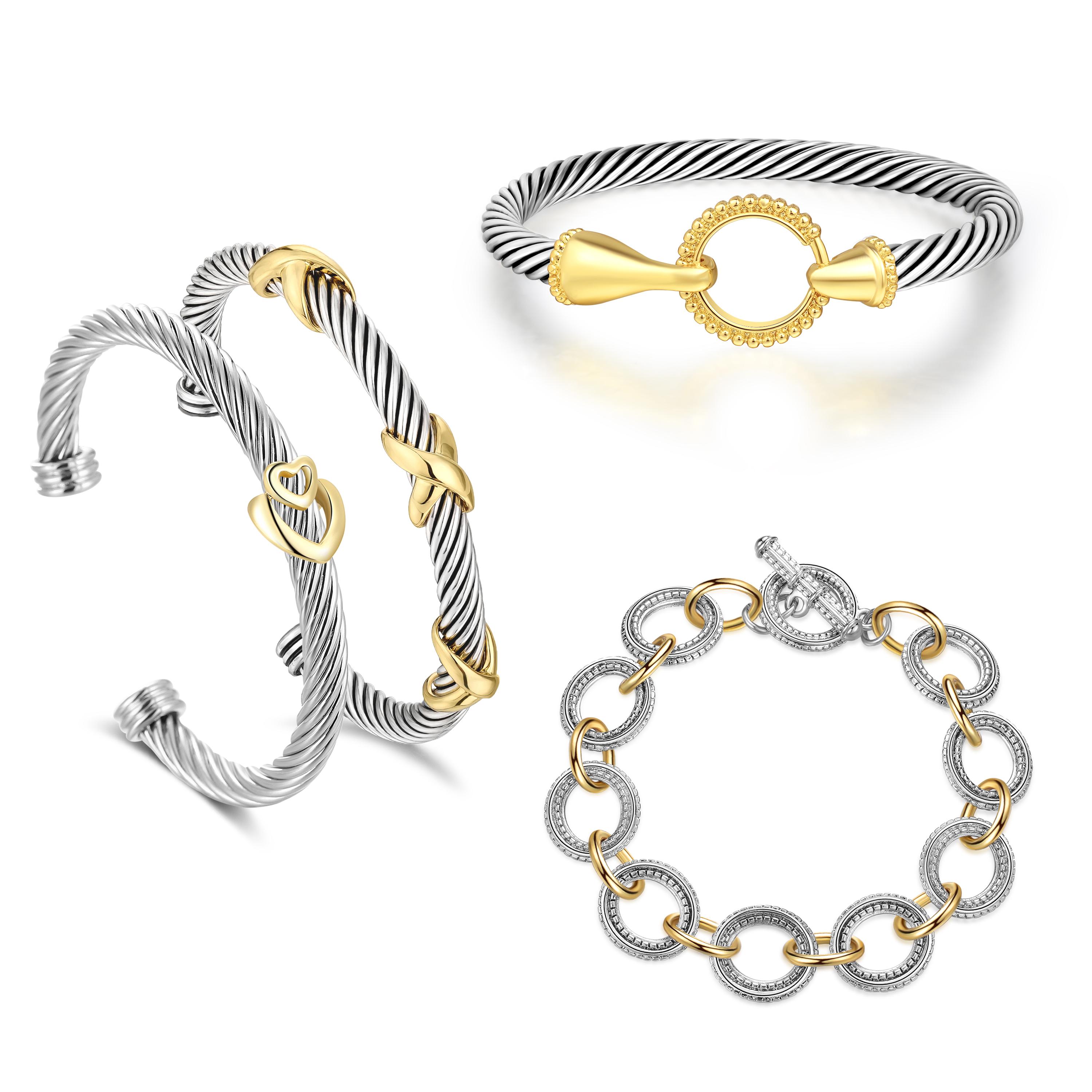 Mytys Cuff Bracelet for Women Cable Wire Two Tone Twisted Bangle Cuff Knot Vintage Stack Bracelets Jewelry 4Pcs Fashion