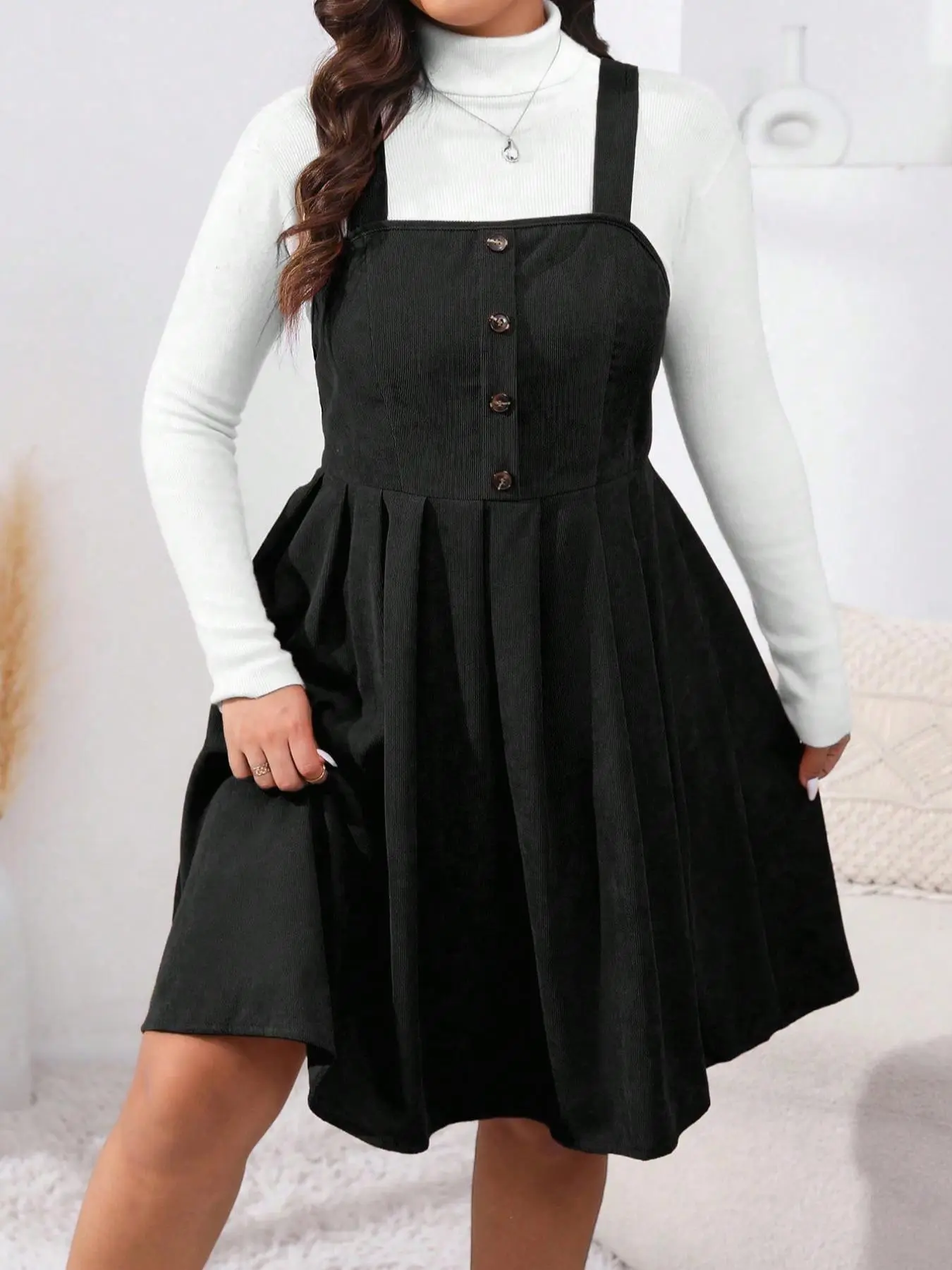Plus Size Fitted Button Decor Pleated Woven Pinafore A-Line Dress, Casual  Sleeveless Tank Dresses for Fall & Winter Daily Wear Holiday, Women's  Clothes Womenswear, without Sweater, Spring - TikTok Shop