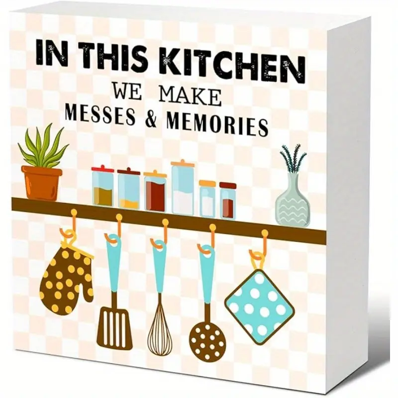Funny Kitchen Wood Block Signs, In This Kitchen We Make Messes & Memories Wooden Box Sign for Home Shelf Farmhouse Kitchen Tabletop Desk Decor, Humorous Kitchen Sign Decor 5x5 inch