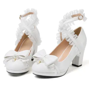 Women's Lolita Ankle Strap Buckle Mary Jane Bow Block Heels Cute Closed Toe Sweet Vintage Lace Mary Jane Kawaii Chunky Pumps White Princess Birthday Party Wedding platform sandal high
