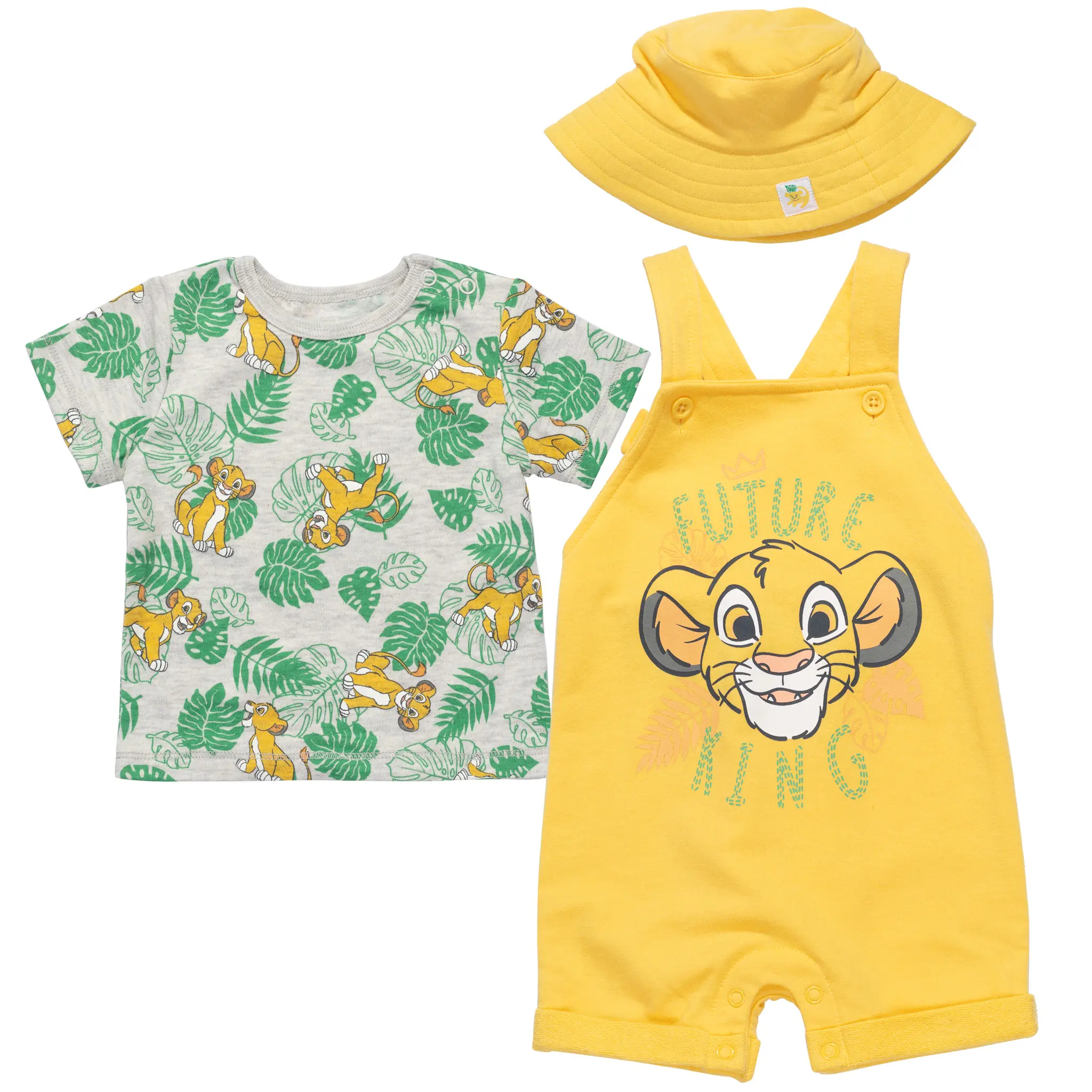 Disney Lion King Baby Boys' 3-Piece Gift Set - Crew Neck French Terry Cotton Blend Tee, Elastic Waist Shortall, Bucket Hat (0-3 Months, Newborn to Infant), Animals, Classic, Interlock