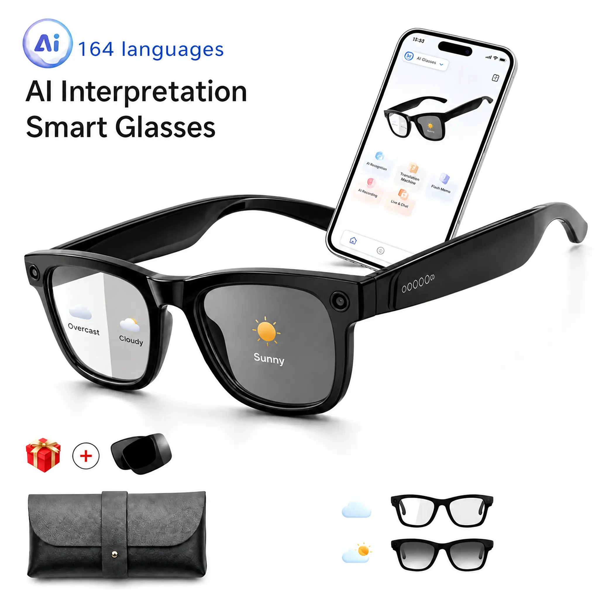 Smart AI Camera  with 8MP HD camera, UV protection, touch control, wear detection, dual bass speakers & 3D surround sound. Enjoy hands-free video recording, real-time translation & AI image recognition — all in an ultra-light 46g design. Glasses