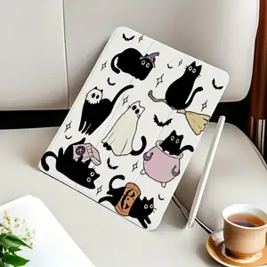 Magic Black Cat Halloween Design Tri-Fold Stand Case for iPad Air 4/5 10.9", 7/8/9 10.2", 5/6/Air 1/2 9.7", Air 3 10.5", Pro 11", 10th Gen - Flexible TPU Mixed Protective Cover with Adjustable Stand, Anti-Slip Grip & Spooky Cat Patterns