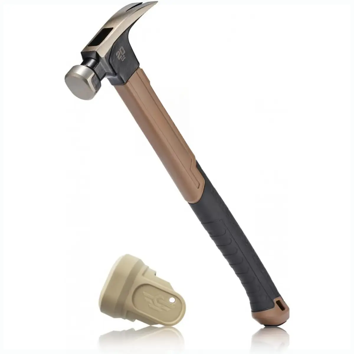 20 oz Camo-Textured Fiberglass Curved Claw Hammer, 16 in Length, Soft Mallet Cap, Shock-Absorbing Grip, Damage-Free Nail Driving Tool for Contractors, 3% Donated to Veterans, Carbon Steel, Lifetime, Ballistically Balanced Design