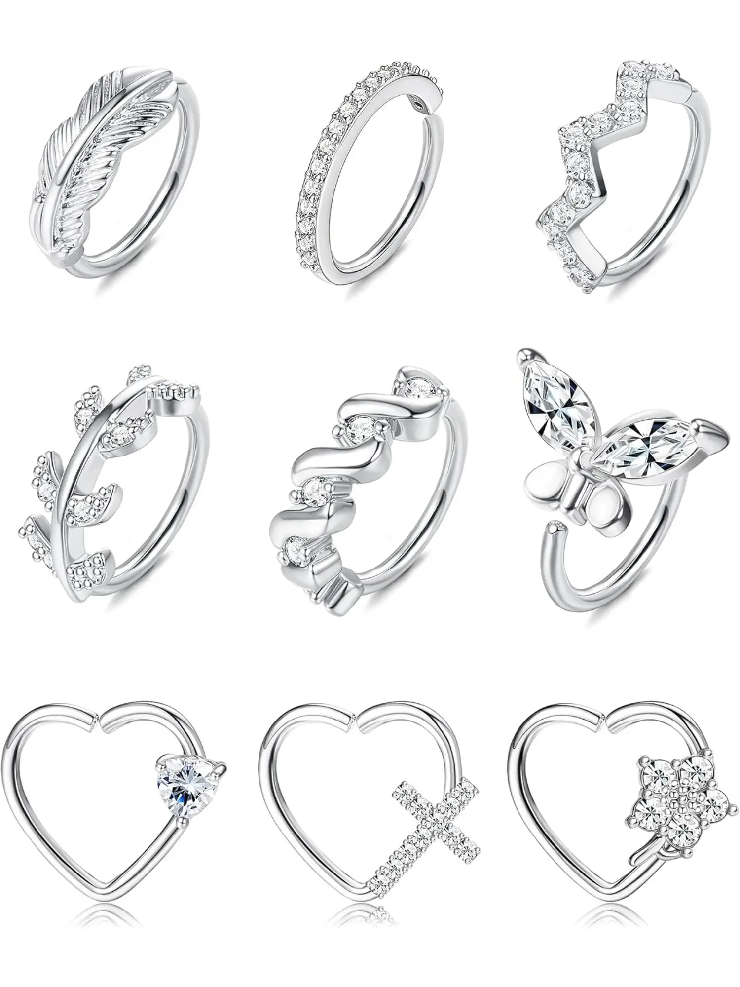 Diverse 9 Pcs Silvery Glamorous Piercing Jewelry Set 20G Copper Nose Rings Hoops for Women Men Paved CZ Heart Shaped Daith Rook Tragus Cartilage Earrings Nose Piercing Jewelry Set