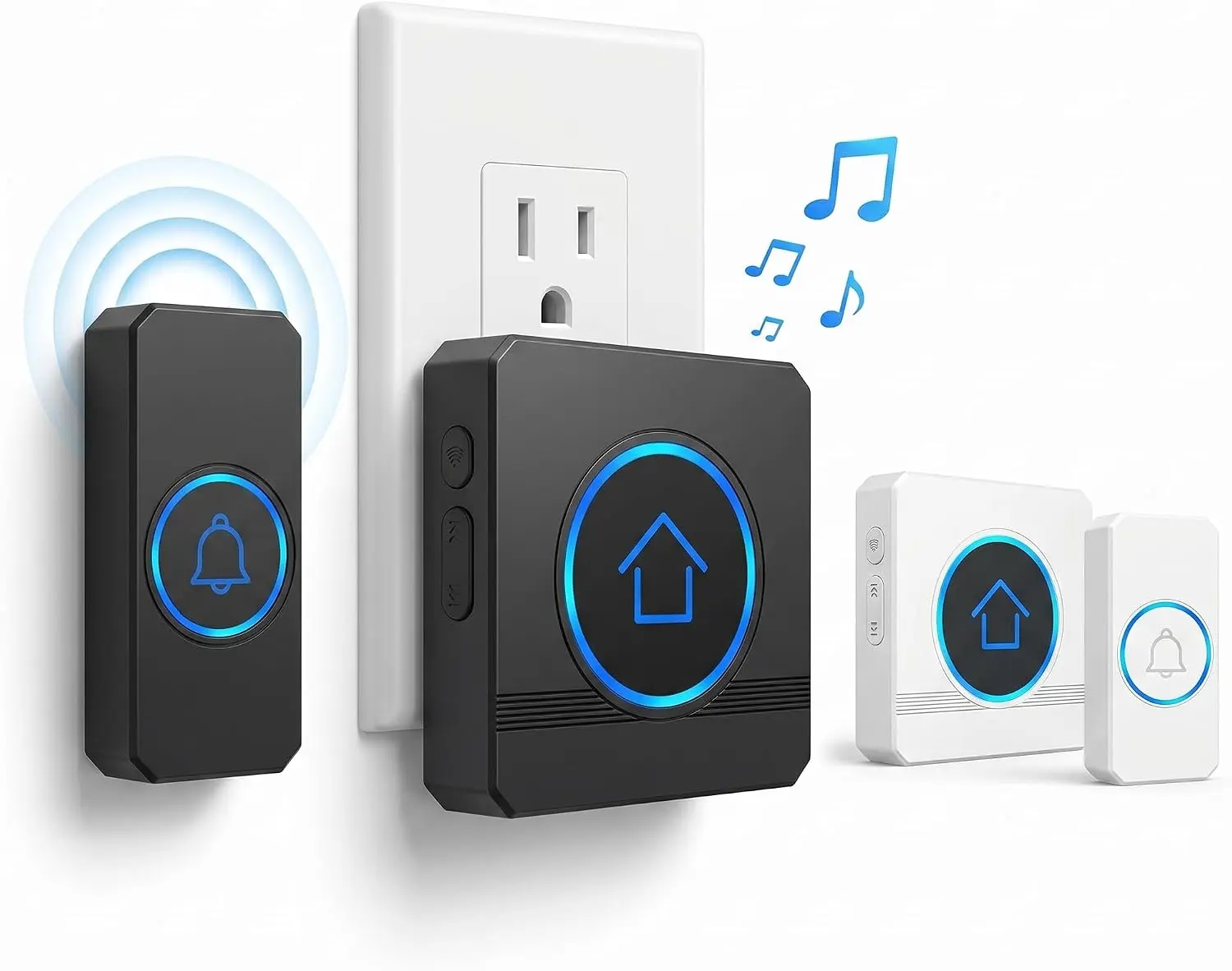 Wireless Doorbell Chime with LED Flash & Memory, 60 Ringtones, 5 Levels (0-110dB), 300m/984 ft Range, IP55 Waterproof, Easy Install, for Home Office Warehouse, White/Black (Black)