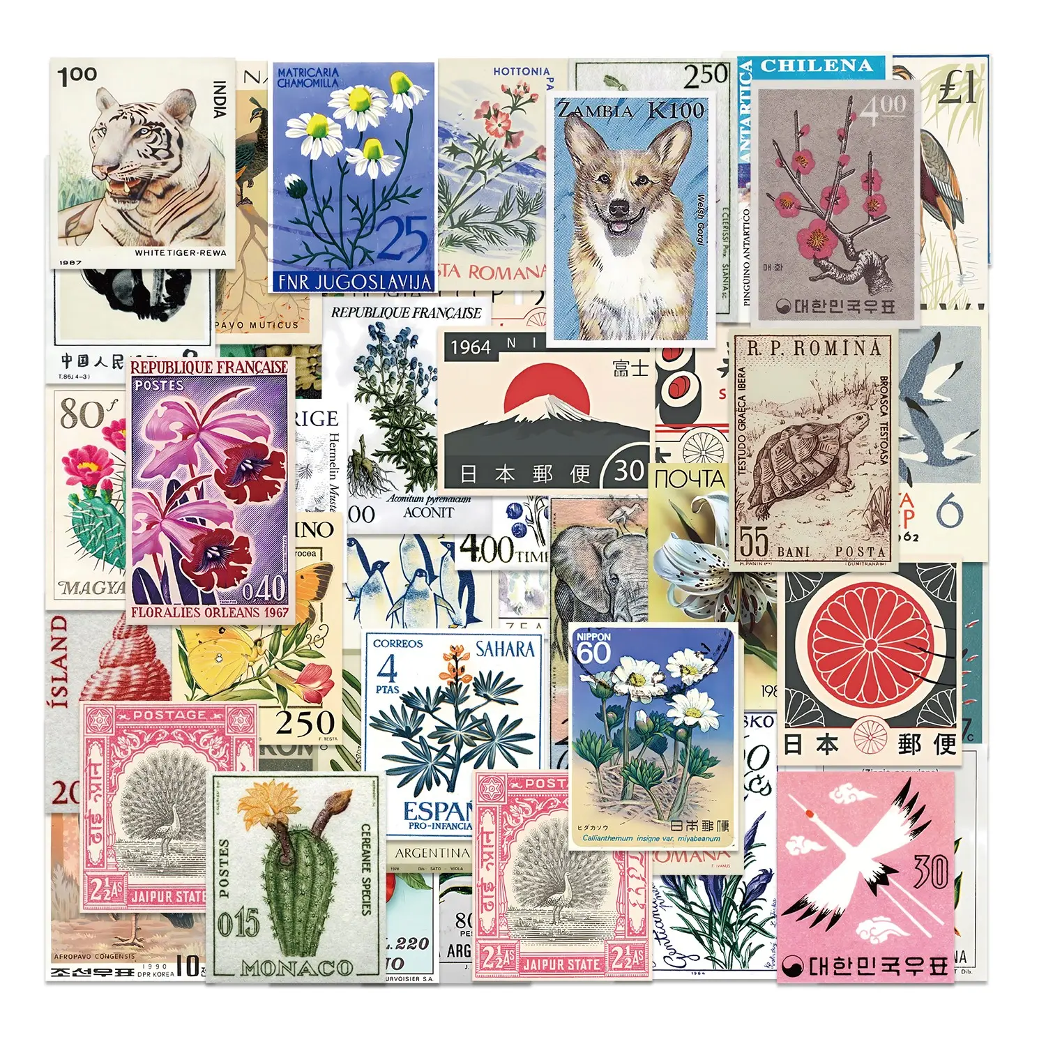 50pcs Vintage Worldwide Postage Stamp Stickers Pack, Waterproof Animal & Floral World Travel Decoration Decals for Laptop, Water Bottle, Journal & Scrapbook, Collector Gift