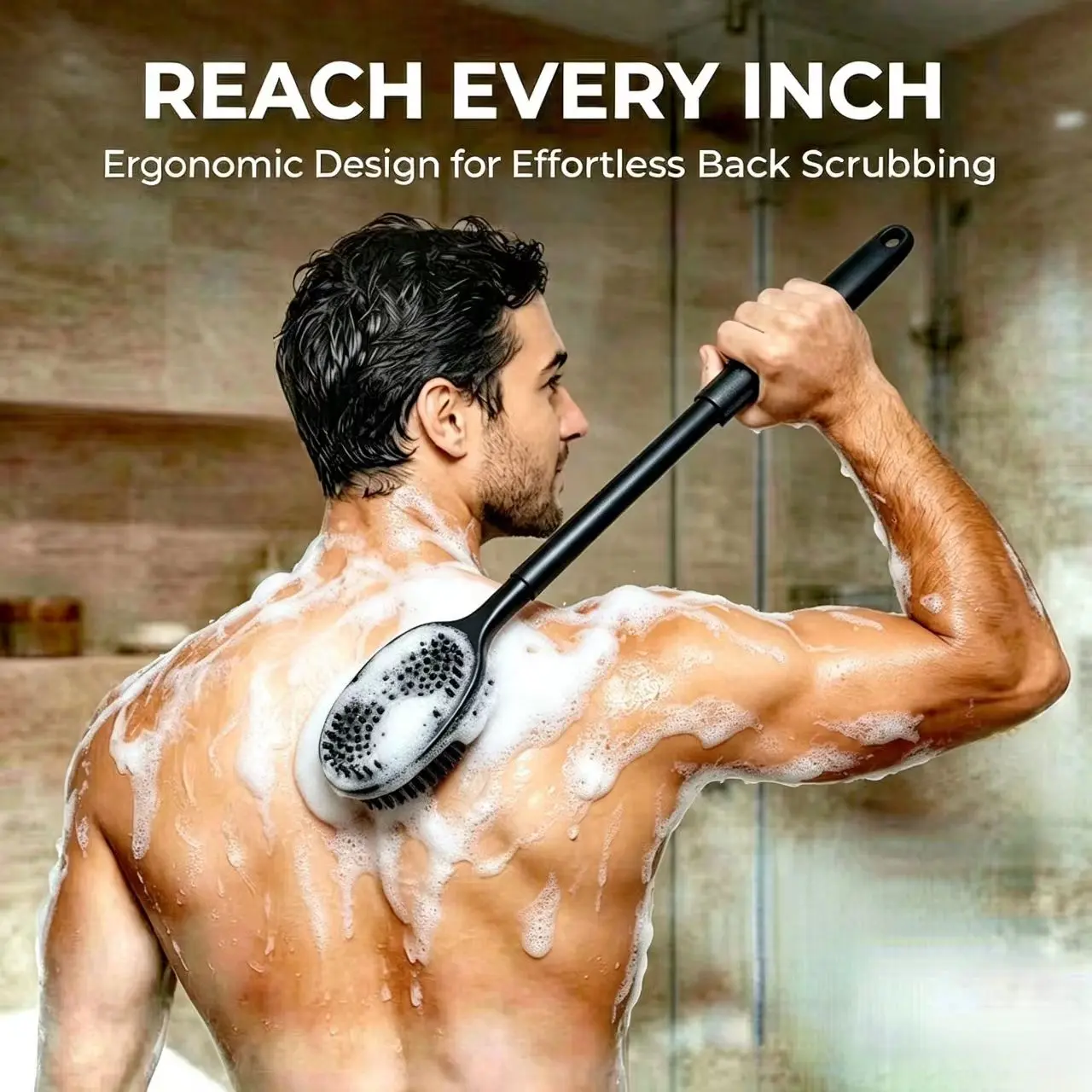 Back telescopic brush with soft and firm silicone bristles, 17 to 25-inch long double-sided handle bath brush for deep cleaning, premium double-sided body brush, exfoliating long-handled brush, spa-grade bath brush suitable for both men and women