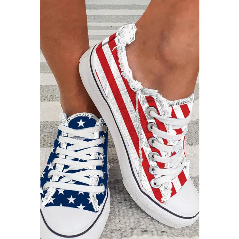 Blue American Flag Lace-up Canvas Flat Shoes
