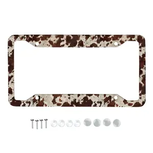 Brown Cow Print License Plate Frame with Screws, All Weather Universal Non Slip Auto Accessories for Car Truck Bike, Plate Letters Fully Visible