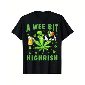 Humorous St Patrick Day Irish Drinking T Shirt A Wee Bit Highrish Pot of Gold Clovers Leaf Design Soft Breathable 100 Percent Cotton Unisex Crew Neck Tee for Men and Women