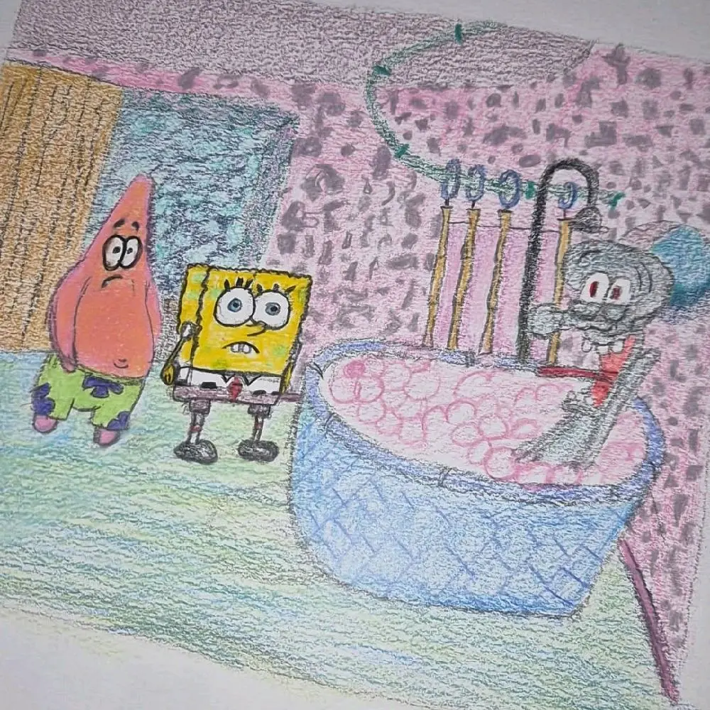 SpongeBob Scene Drawing Color Pencil - Freehand Sketch of SpongeBob, Squidward, and Intruders in Squidward's Bathroom