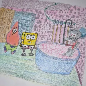 SpongeBob Scene Drawing Color Pencil - Freehand Sketch of SpongeBob, Squidward, and Intruders in Squidward's Bathroom