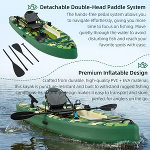 Inflatable Kayak with Pedal System, 12ft Premium PVC Fishing Kayak, with Aluminum Seat, Rudder System, Motor Mounting Board, And Accessories Included, Green & Camouflage