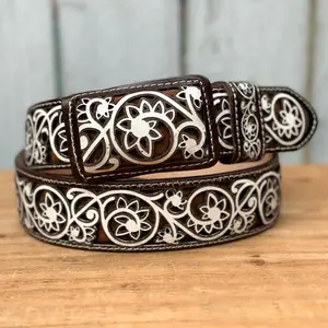Women’s Brown Floral Laser-Cut Artisan Western Leather Belt