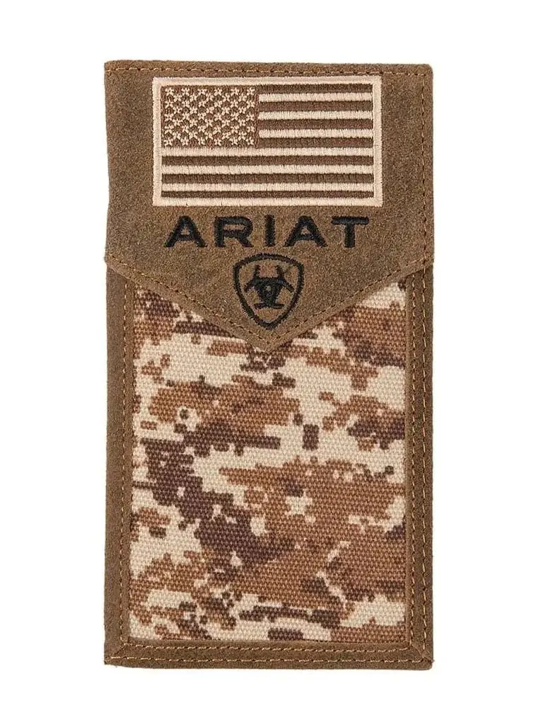 Ariat Men’s Rodeo Wallet - Top Grain Leather Checkbook Cover for Men, American Flag Patriot Digital Camo Design, Card Slots, Heavy Stitching, Men’s Wallets, Men's Wallet