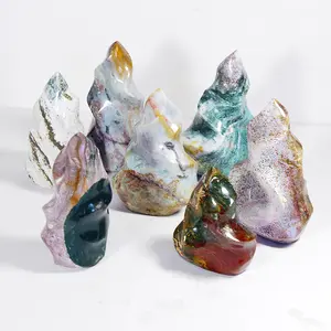 Ocean Jasper OJ Carving Flame Torch Point Tower Colorful Figurine Crystal Healing Reiki Stone Gemstone Mineral Desktop Decor Statue