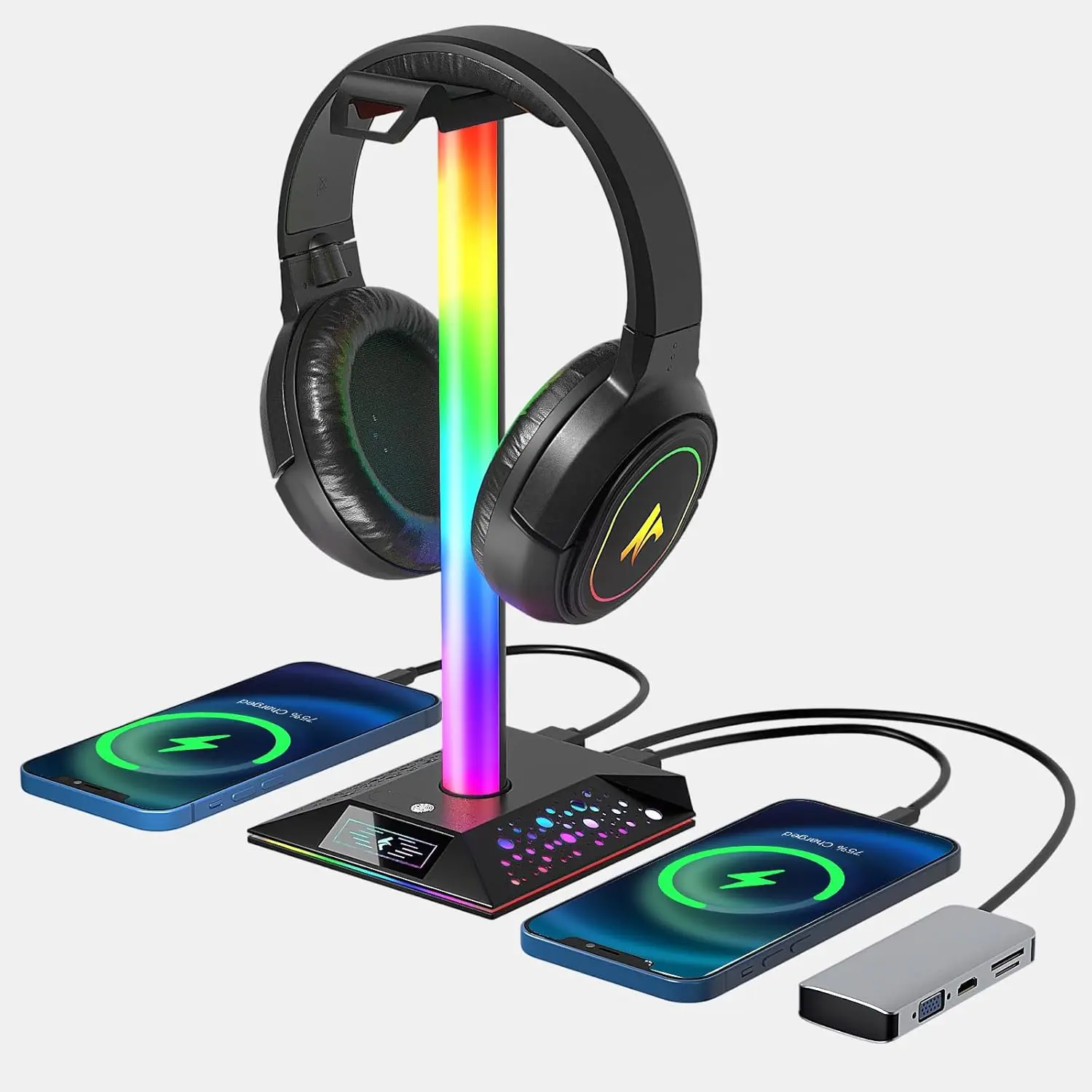 Gaming Headphone Stand PC Accessories - RGB Headset Stand with 2 USB Charger, Cool LED Headphone Holder PC Gaming Accessories for Boys Men Gamers,   Hardware for Desk