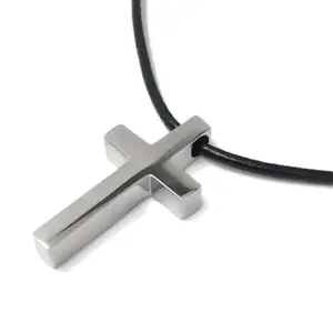 Small Plain Cross Pendant Necklace - Black Leather Cord