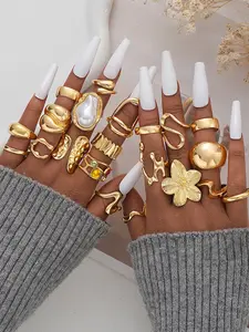 21-Piece Elegant Floral Faux Pearl Ring Set, Zinc Alloy Wide Band Rings for Women, All-Season Jewelry Gift for Parties & Birthdays