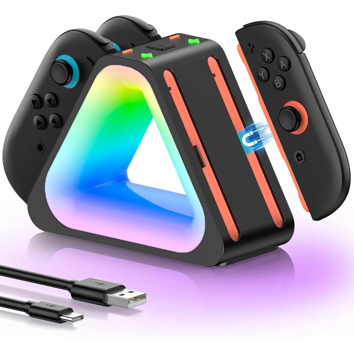 Rechargeable Fast-Charging Magnetic Dock Stand for Nintendo Switch 2, Triangular Compact Silicone Adjustable Accessories with Button, 2.6ft USB-C Cable, Remote, Controller/Joy-Con Compatibility, LED Indicators, Smart Protection, Color Changing Lighting, L
