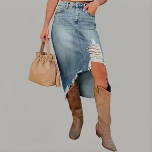 Women's Trendy Asymmetrical Ripped Slit Denim Distressed Midi Skirt Frayed Raw Hem Western Jean Skirts Irregular Bottom Casual