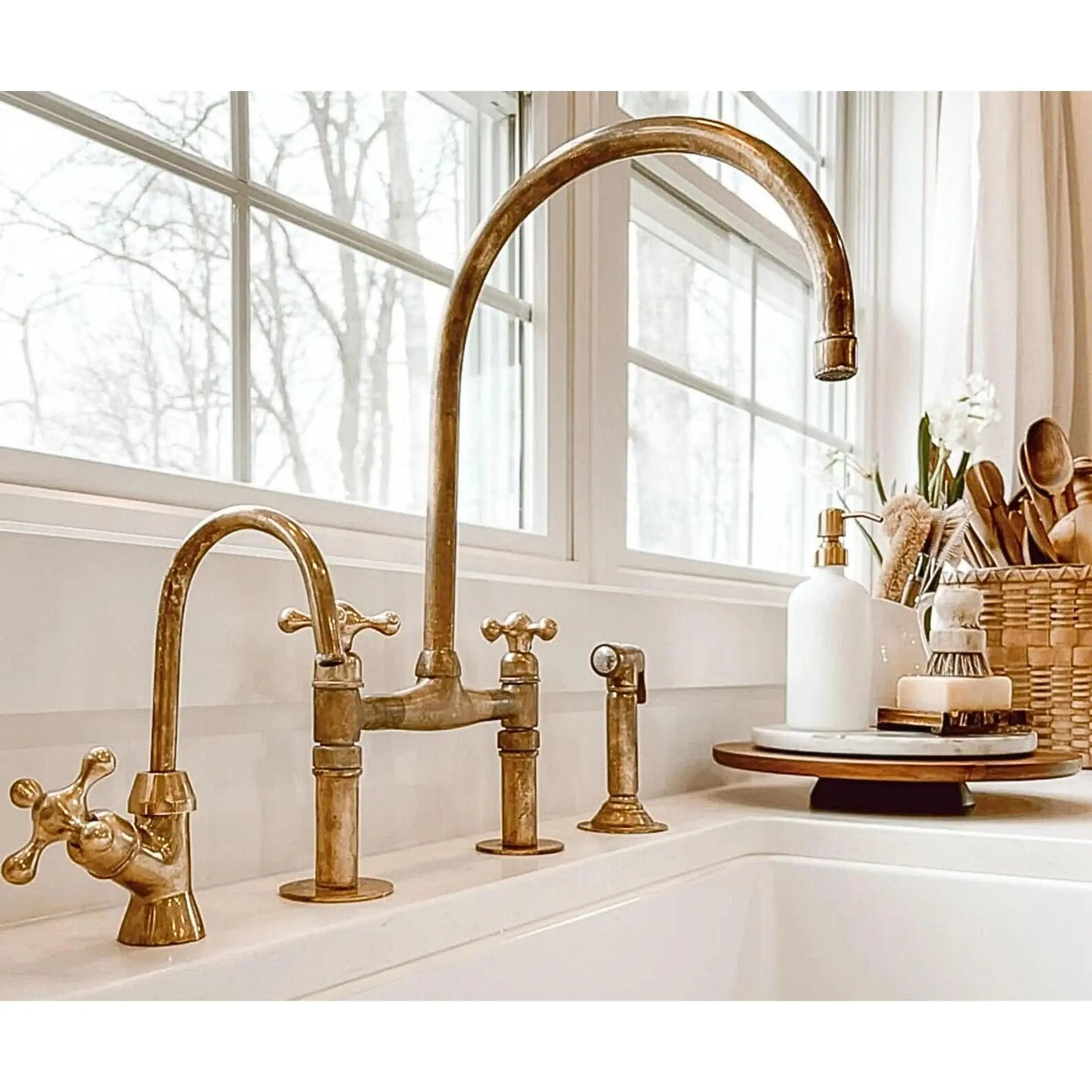 Unlacquered Brass Bridge Faucet with Sprayer and Cold Water Tap Unlacquered Brass Bridge Faucet with Sprayer and Cold Water Tap