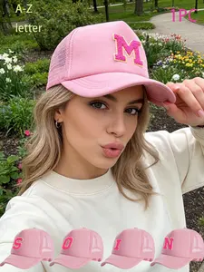 Pink A-Z Glitter Letter Mesh Trucker Cap – Adjustable Breathable Baseball Hat for Women, Trendy Y2K Letter Patch Snapback Sun Hat for Daily Streetwear, Summer Hat