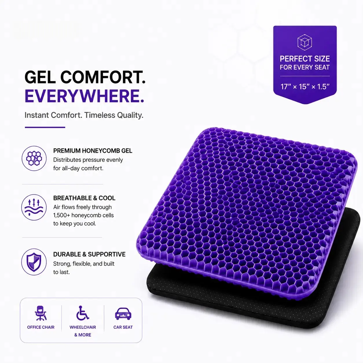 Honeycomb Gel Seat Cushion - Soft Extra-Thick Purple, 17x15x1.5 in, Non-Slip Cover, Breathable Pad for Office Chair & Wheelchair Users, Mother’s Day Pressure Relief Gift Idea